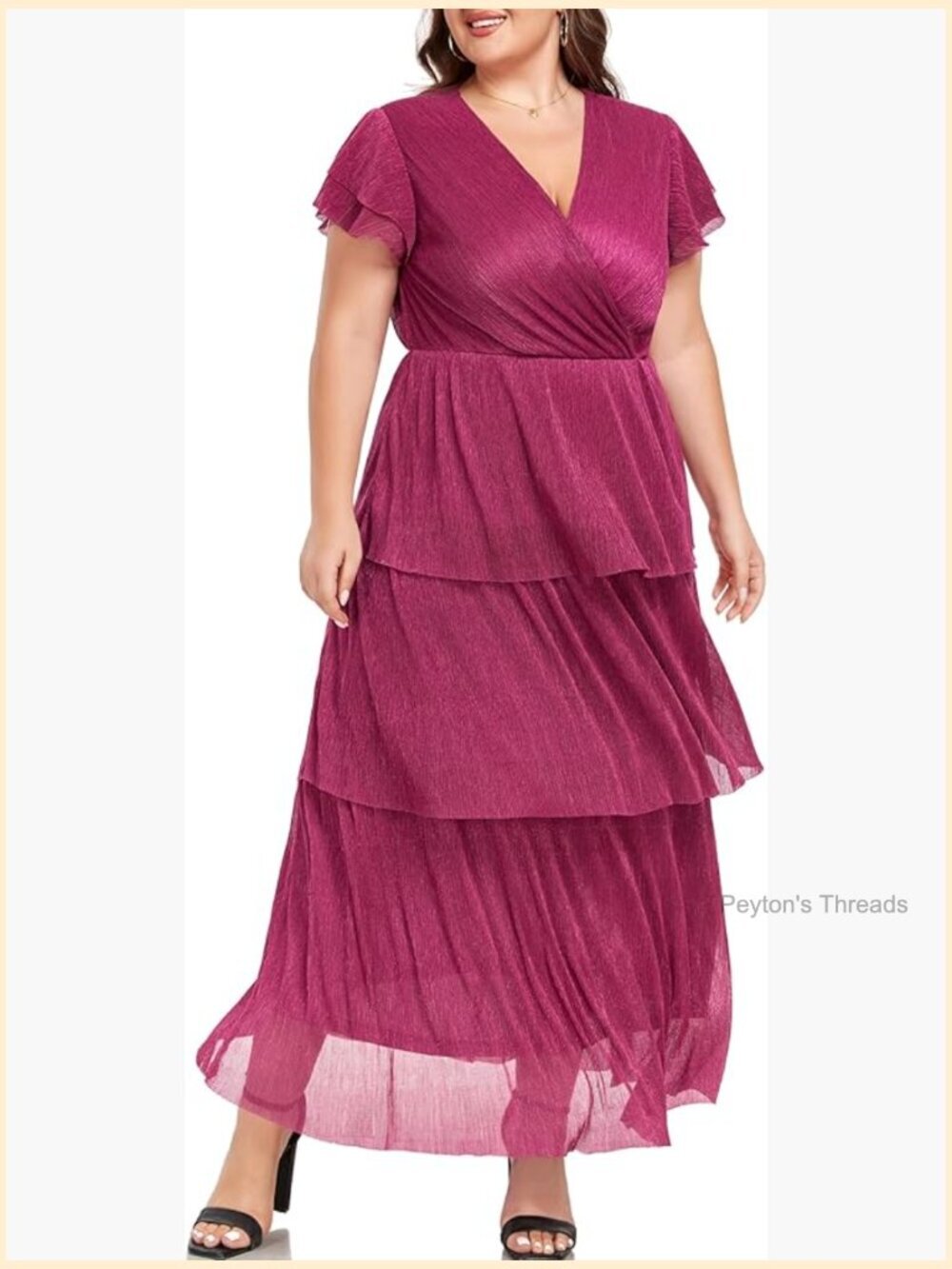 Plus Size Maxi Dress Short Sleeve Flutter Sleeve V-Neck A-Line Tiered Cocktail